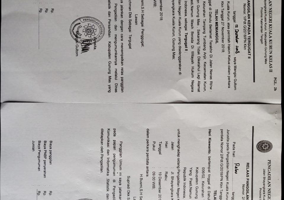 Relaas Panggilan Umum Pengadilan Negeri Kuala Kurun “Kepada Heri Kiswanto dan Ridwan Suyitno”